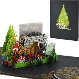 Fassory 3D Pop Up Christmas Card, Double Pop Up Components Merry Christmas Greeting Card, 3D Fireplace Snowman Design (Black Luxury)