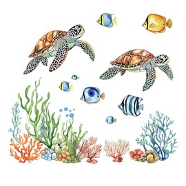 Condessacity Wall Sticker, Sea Animals, Turtles, Sea, Coral, Sea Fish, Bubbles, Seaweed, 3D Wallpaper, Removable, Stylish, Wall Sticker, Cafe Style, Living Room, Bedroom, Wallpaper, Waterproof, Wall
