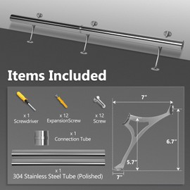 SHANTRA 4ft Bar Foot Rail Kit, 304 Stainless Steel Tube with Polished Finish & Brushed Brackets, Silvery Bar Foot Rest Rail, Foot Railing for Bar, Complete Undercounter Mount Hardware and Tubing