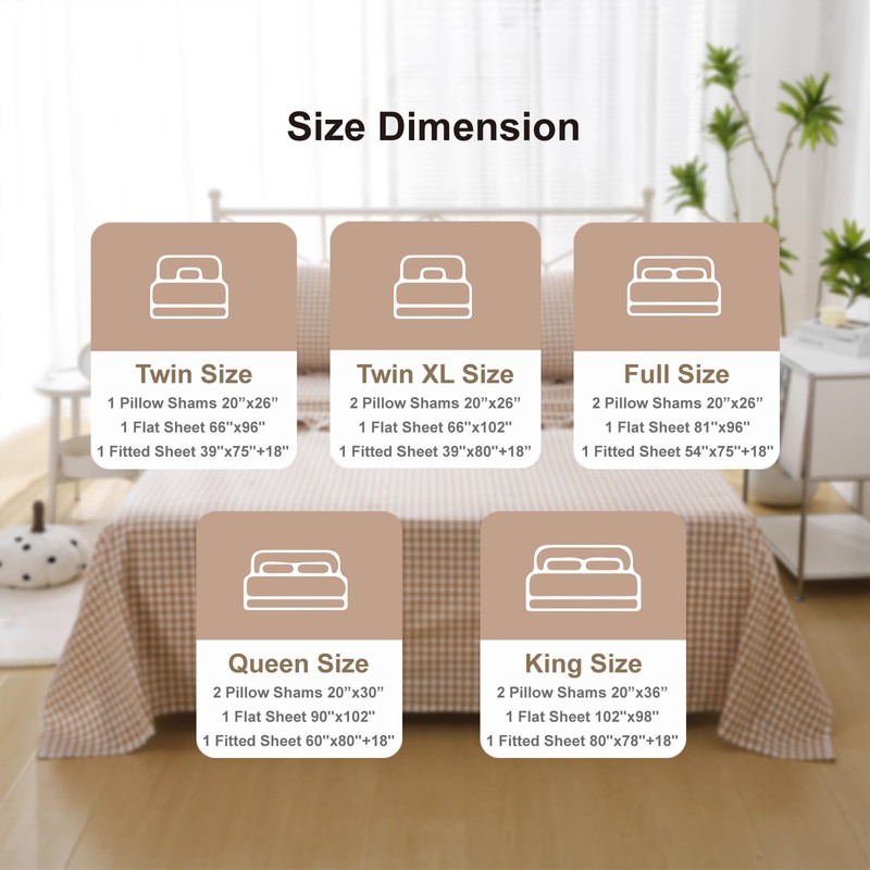 K MASANIJI Taupe White Plaid Ruffle Sheets Twin Size 4-Piece