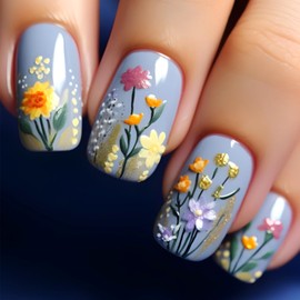 Short Press on Nails Square Fake Nails with 3D Flower Designs Colorful Glue on Nails Gold Glitter Acrylic Nails Spring Summer False Nails Glossy Full Cover Stick on Nails for Women Girls 24Pcs