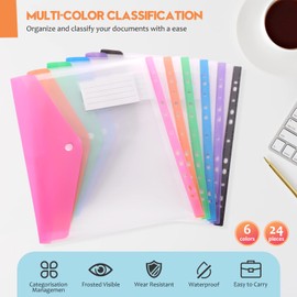 Plastic Wallets A4 Punched Pockets – 24PCS Expandable File Folders Assorted Colors, Heavy Duty Transparent a4 Documents Wallets with Label Pocket for Ring Binder, Home, Office and School Files