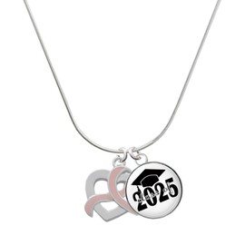 Delight Jewelry Heart Outline with Pink Ribbon Looping Through Script Class of 2025 Dome Charm Necklace, 18"