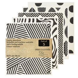 KMAKII - Paquete de 5 paños de cocina suecos, color blanco y negro, paños de limpieza de esponja reutilizables, absorbentes de secado rápido para cocina y mostradores de limpieza