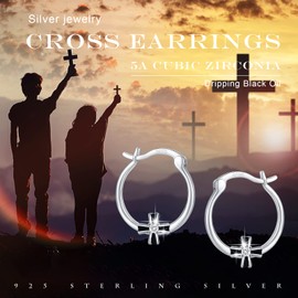 Cross Hoop Earrings, Cross Pendant Earrings, 925 Sterling Silver Hoop Earrings for Women, Teenagers, Girls, Sterling Silver, No Gemstone