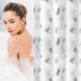 Shower Curtain for Bathroom, 180 x 180cm 100% Polyester Waterproof Mould Proof Resistant Fabric, PEVA Bathroom Curtains with Grommets & 12 Pcs Hooks, Quick-Drying, Washable Bath Curtain (Leaves)