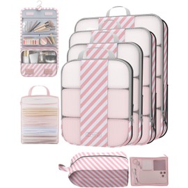 8 Set Compression Packing Cubes for Travel Essentials,Compressible Expandable Packing Cubes for Suitcase,OlarHike Luggage Organizer Bags for Travel,Handy Helper for Organizing Clothes(Pink Stripped)