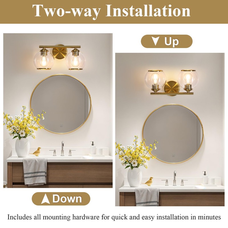 Mecgirn Brushed Gold Bathroom Vanity Light Over Mirror, 2 Light
