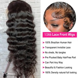 Ali Bling 13x6 Deep Wave Lace Front Wigs Human Hair Pre Plucked Lace Frontal Wigs HD Lace Frontal Wigs 180% Density Glueless Wigs for Black Women Curly Wigs 30 Inch Natural Color Bleached Knots