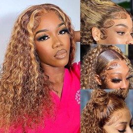 GCTGCT Honey Blonde Highlight Ombre Lace Front Wig Human Hair 200 Density 13x6 Water Wave Lace Front Wigs Human Hair Pre Plucked Wet And Wavy Curly Lace Frontal Wig for Women 4/27 Colored 18 Inch