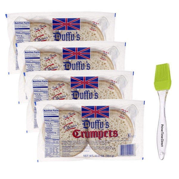 Duffy's Crumpets, 12.5 oz (Pack of 4) Bundle with PrimeTime Direct Silicone Basting Brush in a PTD Sealed Bag