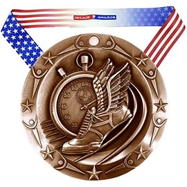 Decade Awards Track World Class Engraved Medal, Bronze - 3 Inch Wide Running Third Place Medallion with Stars and Stripes American Flag V Neck Ribbon - Customize Now