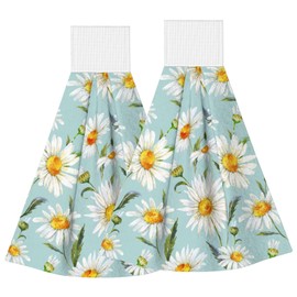 PDDCWAY 2Pcs Rustic White Daisy Flower Kitchen Hand Towels Watercolor Floral Hanging Tie Towels with Loop & Hook Soft Vintage Flowers Teal Dishcloths for Bathroom Washroom Guestroom Hotel