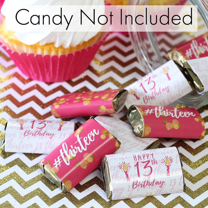 Girls 13th Birthday Party Mini Candy Bar Wrappers, Pink and