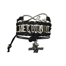 Sportybella Taekwondo Charm Bracelet - Infinity Tae kwon do Adjustable Charm Bracelet with Martial Arts Charm - Gift for Women and Teens (Black)