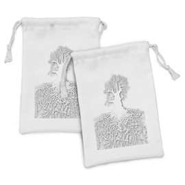 Lunarable Tree of Life Fabric Pouch Set of 2, Cutout Art Leafless Oak Tree Mature Root System Underneath Underground, Small Drawstring Bag for Toiletries Masks and Favors, 9" x 6", Pale Grey White