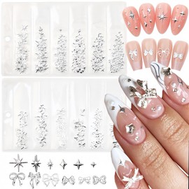 Star Bows Nail Charms for Nails Art, Silver Star Bow Nail Art Rhinestones 3D Shiny Stars Bows Nail Design Nail Jewelry Gems and Charms for Daily Holiday Salon Nail Art DIY Crafts Decoration 2 Styles