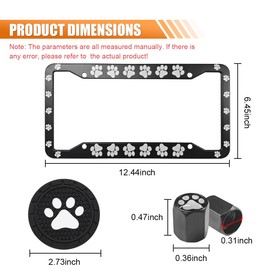 2PCS Dog Paw Print License Plate Frames - Cat Footprint License Plate Holder Car Tag Frame - Aluminum Alloy License Plate Cover with 2 Paw Mat and 4 Dog Paw Valve Stem Caps for Pet Lovers