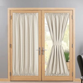 NICETOWN 100% Blackout French Door Curtains, Farmhouse Kitchen Door Window Covering for Patio Glass, Drill-Free, Thermal Insulated Window Curtains, 1 Panel, 54" W x 72" L, Light Beige
