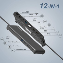 WAVLINK12-in1 Type-C Mini Docking Station PD Charging (100W) USB 3.0 Multi-Function Converter Adapter HDMI Adapter 4K Output DP or HDMI 4K @ 30Hz 3 Screen Expandable