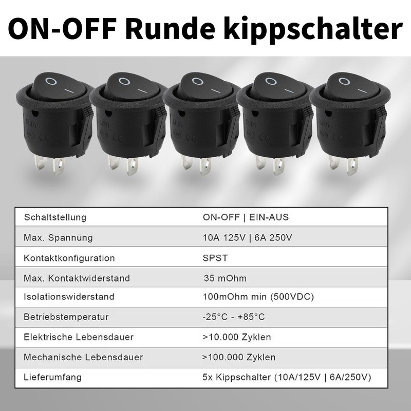 Pack of 5 Toggle Switch 12 V, Rocker Switch 12