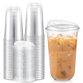 Baderke 50 Pcs Plastic Cups with Sip Lids Round Bottom Disposable Plastic Coffee Cups with Lids Clear Strawless Crystal Mugs for Iced Coffee Smoothie Cold Beverage Party Catering Supplies (18 oz)
