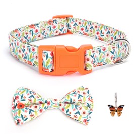 Coralup Dog Floral Collar with Bow Tie Birthday Comfortable Cotton Dog Collar Bowtie Adjustable Cute Medium Collar for Girl Boy Dog, M, Neck 13-20in,Orange