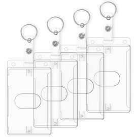 4Pcs Plastic ID Card Holder, Clear Badge Holder with Keyring Card Holder Keychain with Thumb Slot Rigid Fuel Card Holder Credit Card Protector