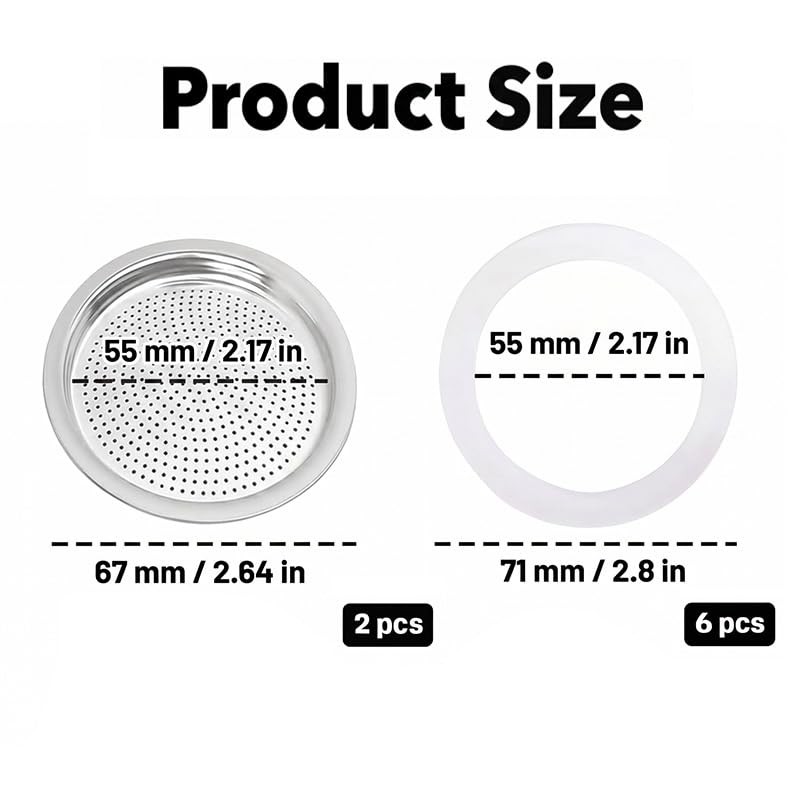 Zickupy 8Pcs Moka Pot Gaskets & Filters for 6-Cup Coffee