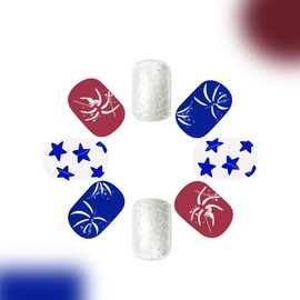 KTAABTR Independence Day Press on Nails Short Square Fake Nails with Stars Fireworks Designs Glossy Acrylic Nails Stick on Nails for Woman Girls DIY Manicure 24Pcs 4th of july Glitter False Nails