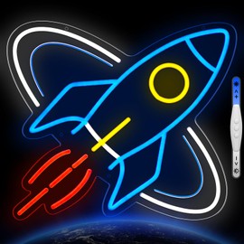 GrazyGazelle Rocket Neon Signs for Wall Decor, Space Universe Decor Neon Sign Light for Boy’s Bedroom, Gifts for Teen Kids, Dimmable USB Powered LED Light (Z001)