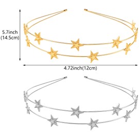 Aswewamt 2 Pcs Alloy Five-pointed Star Headbands Rhinestone Headband Bridal Hair Hoop Wedding Hair Accessories Ornaments for Elegant Women Girls (Silver & Gold)