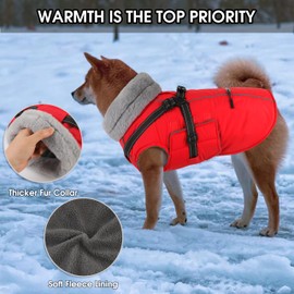 PETDSH Dog Coat Large, Built-in Harness Dog Jacket with Warm Fleece Lining, Waterproof Reflective Dogs Winter Coat, Pet Coats with Pocket and Trash Bags (Red, Large)