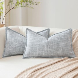 Artscope Pack of 2 Blue Gray Decorative Cushion Covers 12x20 Inch Soft Linen Texture Couch Throw Pillows Farmhouse Pillow Covers with Elegant Design for Sofa Bedroom Living Room Home Decor 30 x 50 CM