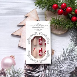 Christmas French Tip Press on Nails Almond Fake Nails Medium Length False Nails with Snowflake Designs Christmas Red White Stripe Artificial Acrylic Nails Red Nail Tips Stick on Nails for Women Girls