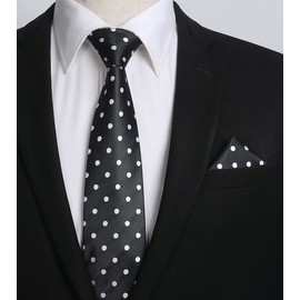 HISDERN Black & White Ties for Men Polka Dot Wedding Tie Handkerchief Formal Business Necktie & Pocket Square Set
