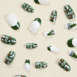 24PCS Christmas Press on Nails Medium Christmas Fake Nails with Christmas Tree Design Full Cover Acrylic Nails Green French Tip Glue on Nails Almond Press on Artificial False Nails for Women Girls