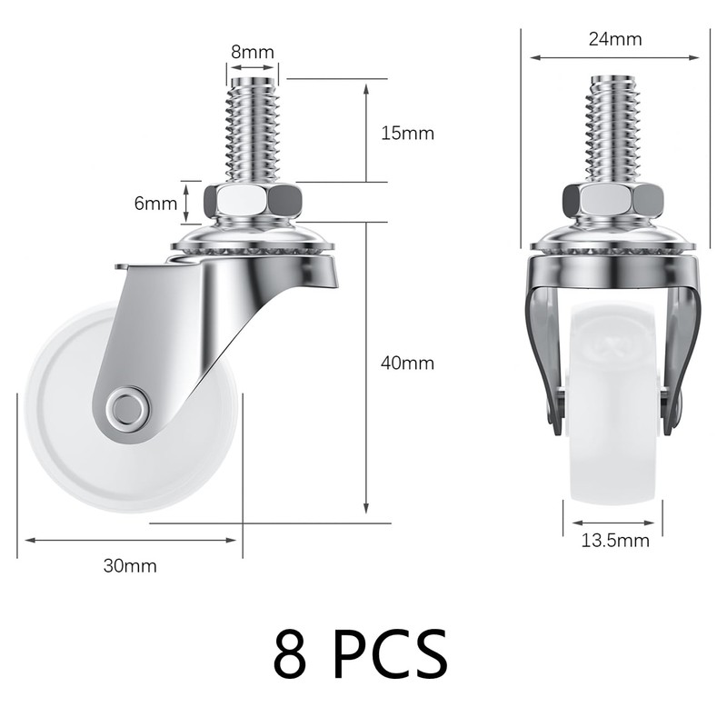 8 PCS Swivel Stem Casters,M8 White 30mm(1.25 inch) Castor Wheels