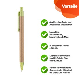 WPRO Tom 10 Ballpoint Pens Made of Recycled Paper and Plastic Wheat Straw Green Retractable Coloured Clip, Push Button and Tip Blue Ink Replaceable Refill Office School Sustainable