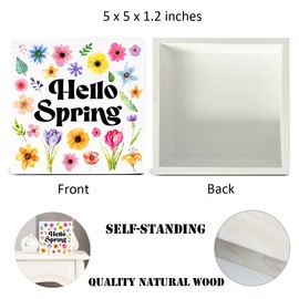 Spring Decor Farmhouse Hello Spring Floral Wood Sign Spring Decorations Country Home Table Desk Decor (5 x 5 Inches)