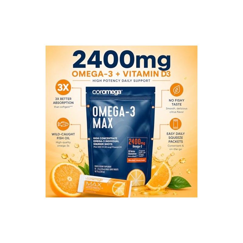Coromega Max High Concentrate Omega-3 Fish Oil Squeeze Packets, DHA
