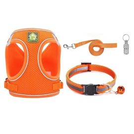 Harness and Lead Set, Adjustable Escape Proof Vest, Soft Cat Collar Mesh Vest with Reflective Strips and Anti-Lost Pendant for Cat Kitten Puppy Small Pets Walking Outdoor Activity (Orange, Medium)