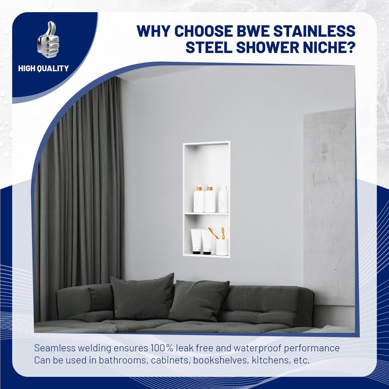 BWE 13 x 19 Stainless Steel Shower Niche No Tile