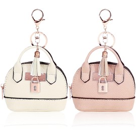 2 bolsas de maquillaje para mujer, de piel sintética, con llavero, mini portafolios, bolsillo para llaves, lápiz labial, tarjetero, rosado + blanco, Bolso