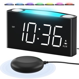 Vibrating Alarm Clock,PPLEE Loud Alarm Clock for Heavy Sleepers Hearing Impaired Deaf Teens,Bed Shaker Alarm Clocks for Bedrooms,5 dimmable,7 Color Night Light,USB charging,Type-C Charger,Memory Alarm
