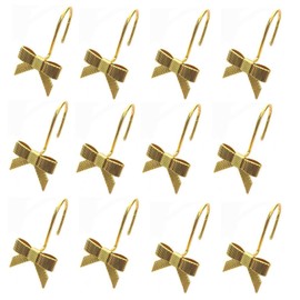 Bow Knot Shower Curtain Hooks 12pcs, Decorative Metal Bathroom Curtain Hooks with Cute Bow Design, for Bathroom or Home Decor (Gold)
