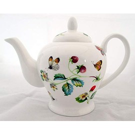Fromeuropewithlove Strawberries & Butterflies Teapot Fine Bone China 20oz Teapot Hand Decorated in UK