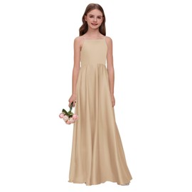 WDCVGTR Champagne Straps Junior Bridesmaid Dress for Wedding Satin Bow Knot Flower Girl Dress A-Line Prom Formal Floor Length Gowns 16
