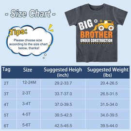 Funnycokid Big Brother T Shirt 6T 5T Promoted to Big Brother Construction Digging It T-Shirt Black Size 5 6 Pregnancy Announcement Gifts for Boys