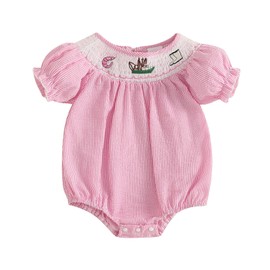 Bagilaanoe Newborn Girl Summer Outfit Infant Baby Girl Clothes Shrimp Smocked Short Sleeve Romper Bubble Bodysuit (Pink, 3-6 Months)